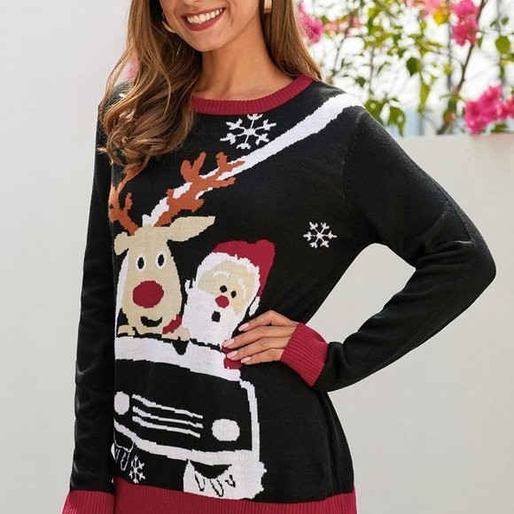 Black Reindeer Santa Clause Cartoon Print Ugly Christmas Sweater - Picture 5 of 8